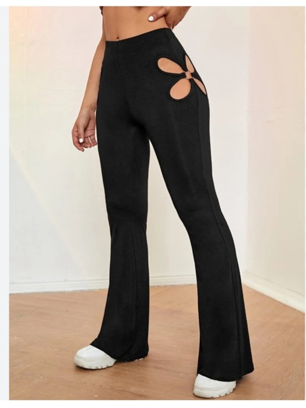 Romwe Hollow Out Cutout Pants Ribbed Flare Leg Black